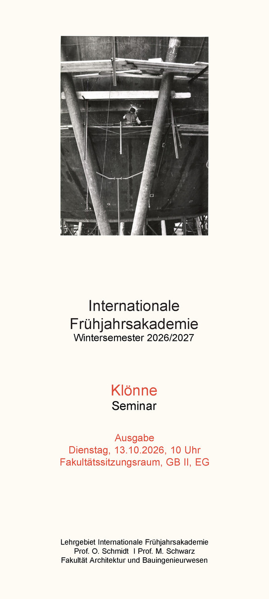Ankündigungsplakat zum Seminar zur Internationalen Frühjahrsakademie 2027 "Klönne", Ausgabe am 13.10.2026 um 10 Uhr im Fakultätssitzungsraum, GBII, EG