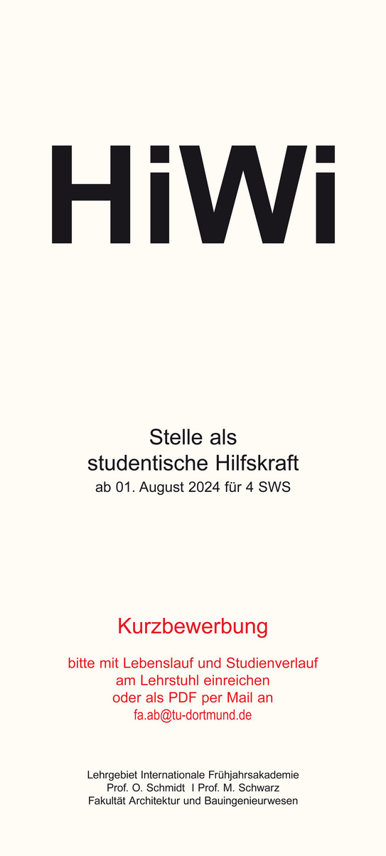 Plakat mit Stellenanzeige für eine studentische Hilfskraft, ab dem 01.08.2024, Kurzbewerbung mit Lebenslauf per Mail an fa.ab@tu-dortmund.de