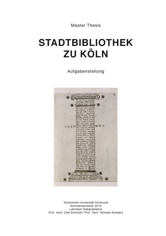 Deckblatt der Aufgabenstellung zur Masterthesis im Sommersemester 2015 "Stadtbibliothek zu Köln"